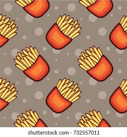 Fast food seamless vector pattern. Franch fries on gray background. Design for menu and wrapping paper.