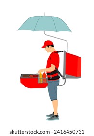 Fast food seller vector illustration isolated. Mobile restaurant offer hot dog, bacon, burger outdoor on the street. Beach food and drink. Popular public marketing with snack tasting. Worker standing.