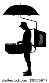 Fast food seller vector silhouette illustration. Mobile restaurant offer hot dog outdoor on the street. Beach food and drink. Popular public marketing with snack tasting. Worker standing.