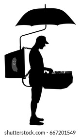 Fast food seller vector silhouette illustration. Mobile restaurant offer hot dog and burger outdoor on the street. Beach food and drink. Popular public marketing with snack tasting. Worker standing.