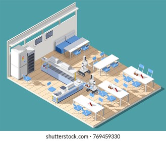 Fast food service restaurant isometric interior with tables chairs and robotic waiters chasing food on platters vector illustration