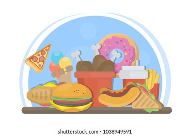 Fast food set. All kinds of tastiness on plate.