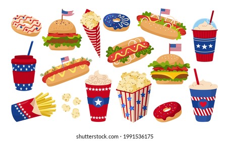 Fast food set American Independence Day with flag. Hamburger, cup coffee to go and donut, hot dog, popcorn USA flags collection. American patriotic independence festival. Vector illustration