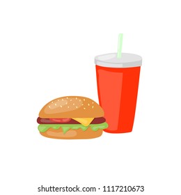 Fast Food set big hamburger and soda vector icon. Unhealthy junk food eating cartoon illustration isolated on white background