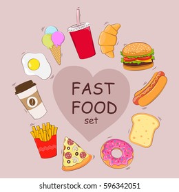 Fast food set. A set of food. Breakfast. Vector illustration.