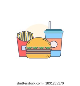 Fast food set. Brunch menu. Dinner and restaurant concept. French fries and drink with a hamburger vector icon.
