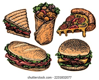 Fast food set. Burger, Burrito, Cheeseburger, Sandwich, slice of Pizza. Restaurant or diner menu. Vector illustration