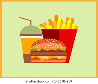 Fast food. Set of burger, french fries and a drink. Vector illustration in vintage style.