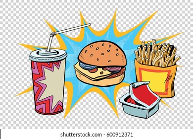 Fast food set Burger fries drink and sauce