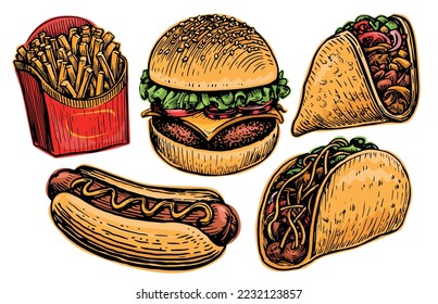 Fast food set. Burger, Hot Dog, Cheeseburger, Sandwich, Tacos, Fries. Restaurant or diner menu. Vector illustration