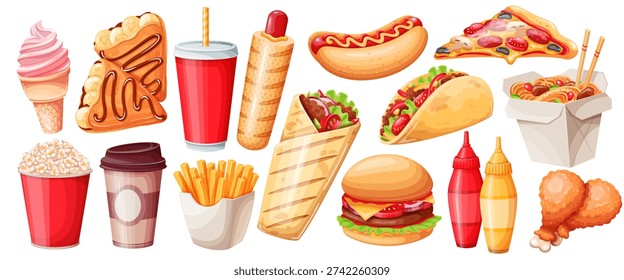 Fast food set with burger, hot dog, pizza slice, fries, soda cup, coffee, ice cream, taco and chicken drumsticks arranged in colorful snack collection. Fast food set in cartoon style for menu, delivery apps and packaging. Vector illustration.