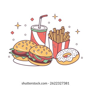 Fast food set with burger, pizza, soda, and other meal itemsFast food set with burger, pizza, soda, and other meal items