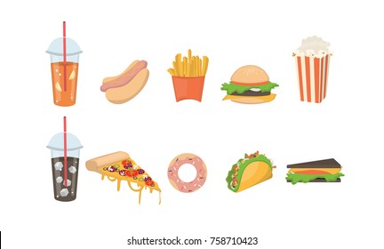 Fast food set. Burger and sandwich, cola and fries.