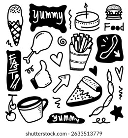 Fast food set. Cartoon doodle food. Pizza, burger, ice cream, cake, french fries and drink.Design elements for cafe and restaurant