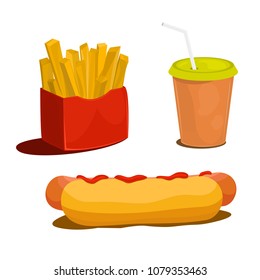 Fast food. Set of cartoon vector food icons isolated on white background.