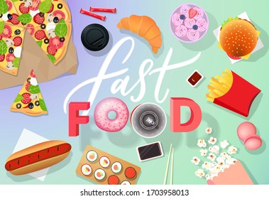 Fast food. Set of cartoon vector food icons. Ketchup, glass of cola, french fries, hamburger, sweet potato fries, burger, pop corn, hot dog, pizza, ice cream. Calligraphy lettering Label.