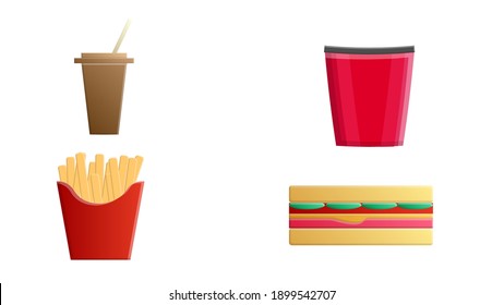 Fast food. Set of cartoon vector food icons isolated on white background. Ketchup, mustard, glass of cola, french fries, hamburger, sweet potato fries, burger with fried egg, pop corn, hot dog, pizza