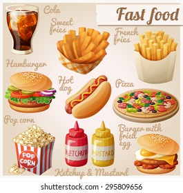 Fast food. Set of cartoon vector food icons. Ketchup, mustard, glass of cola, french fries, hamburger, sweet potato fries, burger with fried egg, pop corn, hot dog, pizza
