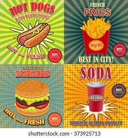 Fast food. Set of cartoon vector food icons . Ketchup, mustard, glass of cola, french fries, hamburger, hot dog.Corn food, Pop art stile. Vector illustration.