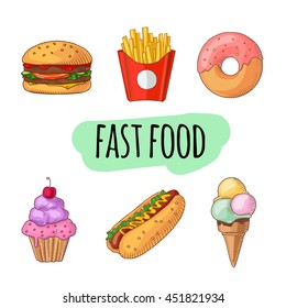 Fast food. Set of cartoon vector icons.
