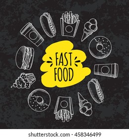 Fast food. Set of cartoon vector background.