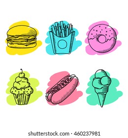 Fast food. Set of cartoon vector icons.