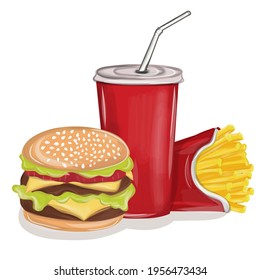 Fast food set with cheese burger, french fries and soft drink cup. Vector illustration EPS10