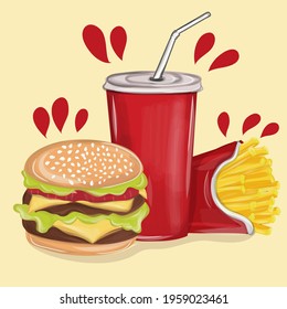 Fast food set with cheese burger, french fries and soft drink cup. Vector illustration EPS10