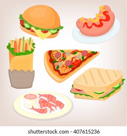 Fast food set: cheeseburger, sandwich, sausage, shrimp with sauce and pizza