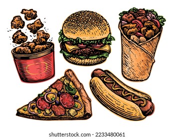 Fast Food set. Cheeseburger, slice of pizza, hot dog, kebab, fried chicken meat, burger, nuggets. Vector illustration