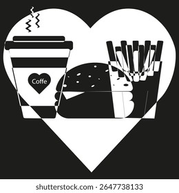 Fast food set. Coffee cup symbol. Burger sandwich figure. French fries image.