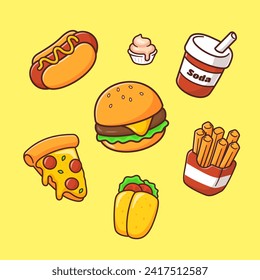 Fast Food Set Collection Cartoon Vector Icon Illustration. Fast
Food Icon Concept Isolated Premium Vector. Flat Cartoon Style