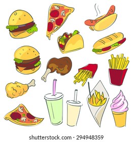 Fast food set or collection. Food and drinks.