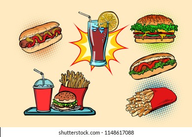 fast food set collection hot dog Burger Cola French fries drink. Comic cartoon pop art retro vector illustration drawing