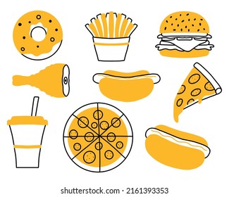 Fast food set. Collection of street food. Pizza, burger, hot dog, french fries, donut, drink.Vector set. Clip art Fast food meal.Doodle style.