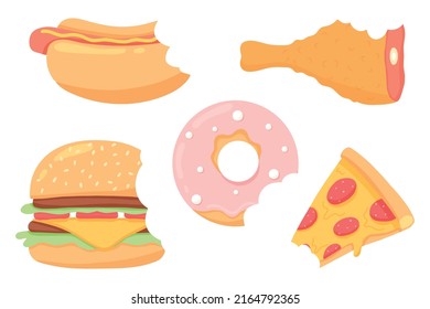 Fast food set. Collection of street food. Pizza, burger, hot dog, french fries, donut, drink.Vector set. Clip art Fast food meal.