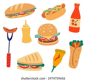 Fast food set. Collection of fast food such as burger, sandwich, sausage in dough, grilled sausage, ketchup, wasabi, mustard, shawarma. Icon Food Set. Flat vector cartoon illustration