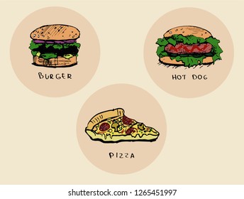 Fast food set. Colored line drawing