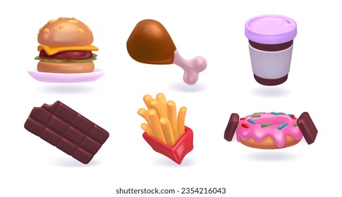 Fast food set. Colorful plasticine realistic badges with french fries and hamburger, coffee and chocolate, chicken and donut. Street food and drinks. 3d vector collection isolated on white background