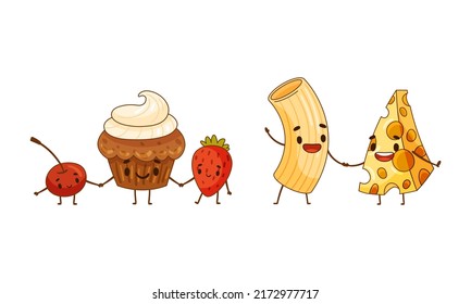 Fast food set. Cupcake and berries, cheese and pasta are friends forever cartoon vector illustration