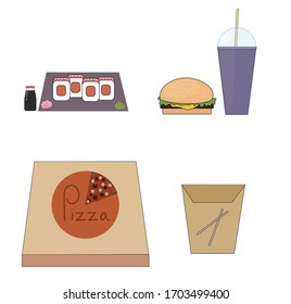 fast food set. food delivery. Asian, American, Italian cuisine