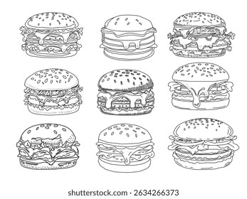 fast food set. doodle burger pattern background.set of  doodle fast food burger. Burger  seamless pattern background. seamless pattern of hamburger in doodle style. Seamless Pattern of a Cheese Burger
