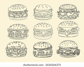 fast food set. doodle burger pattern background.set of  doodle fast food burger. Burger  seamless pattern background. seamless pattern of hamburger in doodle style. Seamless Pattern of a Cheese Burger