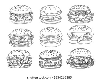 fast food set. doodle burger pattern background.set of  doodle fast food burger. Burger  seamless pattern background. seamless pattern of hamburger in doodle style. Seamless Pattern of a Cheese Burger