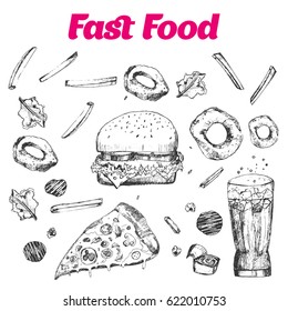 Fast food set with doodle Linear graphic. Snack collection for cafe menu, banners. Junk food Vector illustration isolated on white background