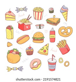 Fast food set elements in cute kawaii doodle style  Vector isolated junk food illustration 