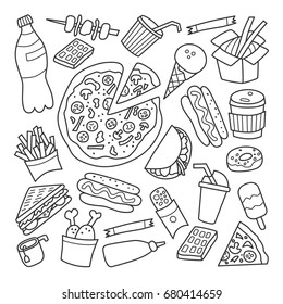 Fast food. Set of elements in doodle and cartoon style. Outline