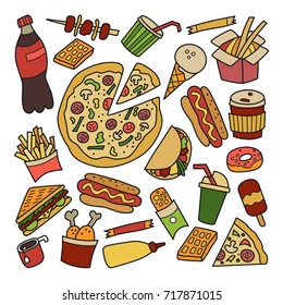 Fast food. Set of elements in doodle and cartoon style. Colorful