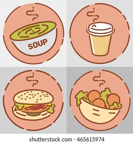 Fast food set, flat design. Soup, coffee, hamburger and falafel. Vector illustrations