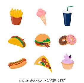 Fast food set. Flat modern trendy style.Vector illustration icon. Isolated on white background.